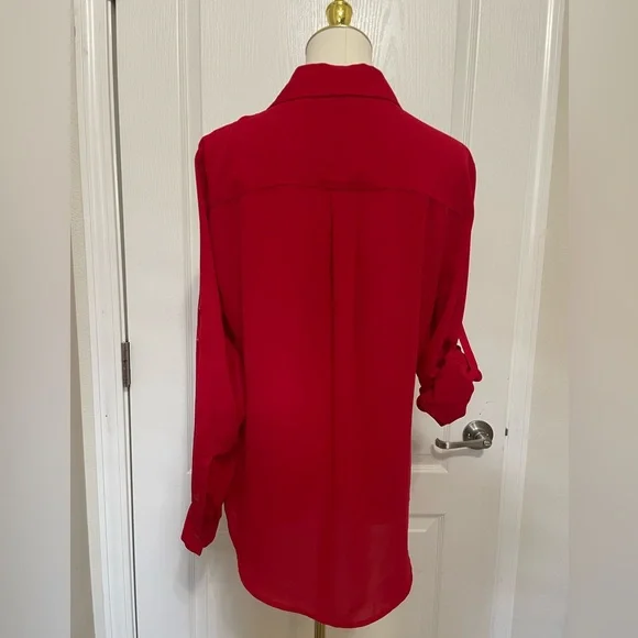 New York & Company Red Button Down Shirt Notched Collar - Picture 2 of 8